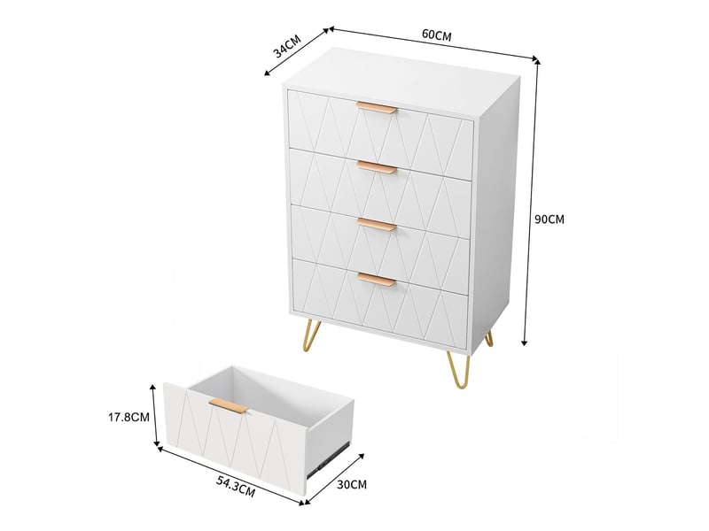 Commode chambre bois 60x34x90 cm, 4 tiroirs, meuble de rangement, anti-basculement, pieds en métal, style moderne luxe léger, blanc - Conforama E