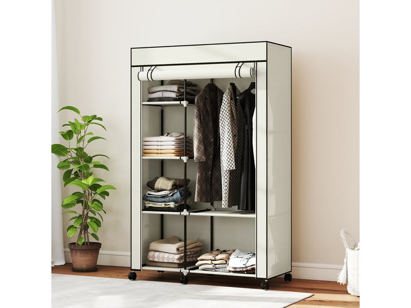  Armoire en tissu à roulettes, penderie portable avec 6 étagères et 1 tringle pour la chambre, 103 x 43 x 162,5 cm, crème  - Conforama D