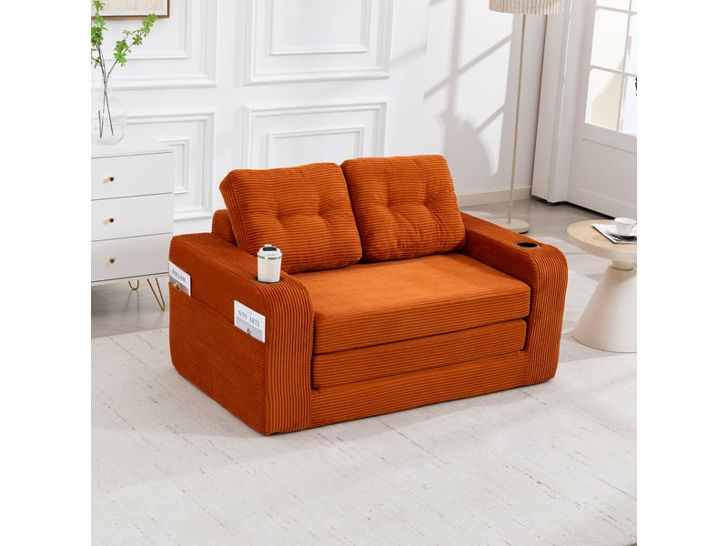  Canapé convertible 2 places en velours côtelé orange 136 cm, canapé lit compact avec assise rembourrée pour petit salon IKSETERA TRADING LTD - Conforama B