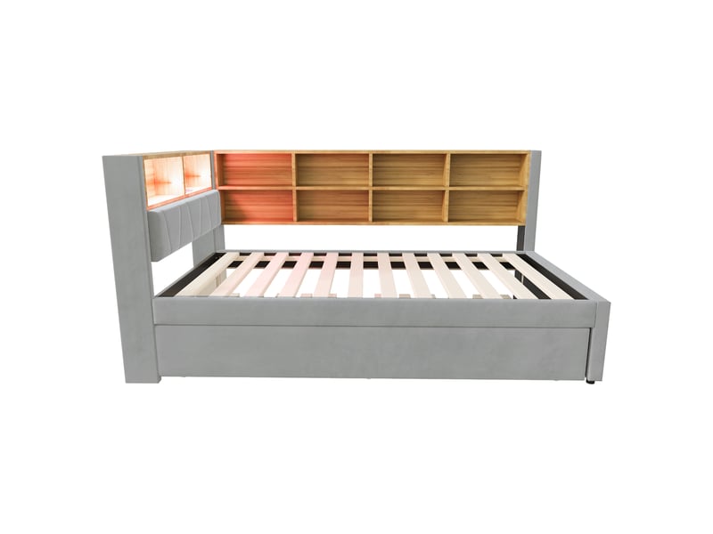  Lit gigogne 90x200 cm 2 en 1 avec led et 10 niches, flanelle, gris clair, sans matelas  - Conforama D