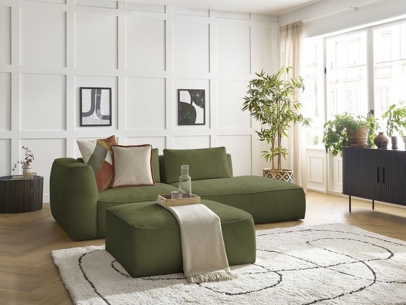  Bobochic canapé droit fixe 3 places leopold tissu texturé avec pouf vert foncé  accoudoir gauche LEOPOLD - Conforama B