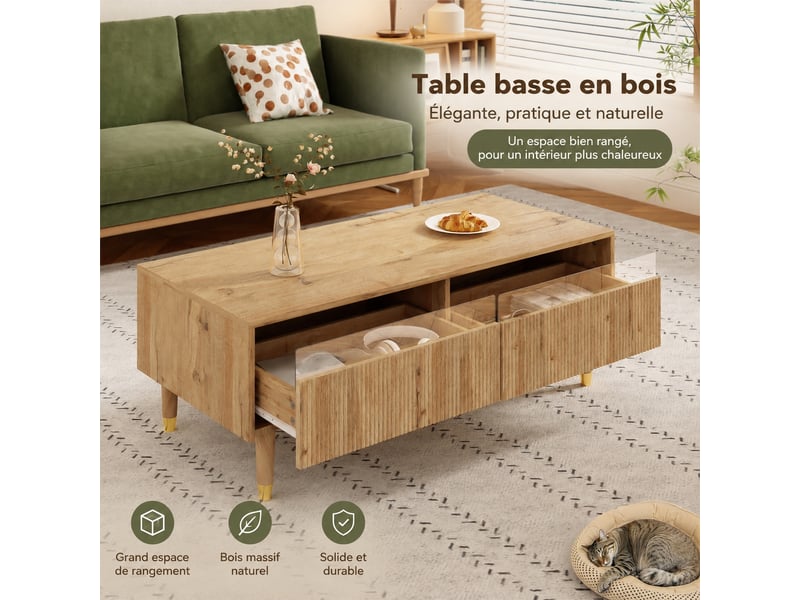  Table basse avec 2 tiroirs, éclairage led multicolore et finition bois, 110 x 50 x 40 cm  - Conforama D
