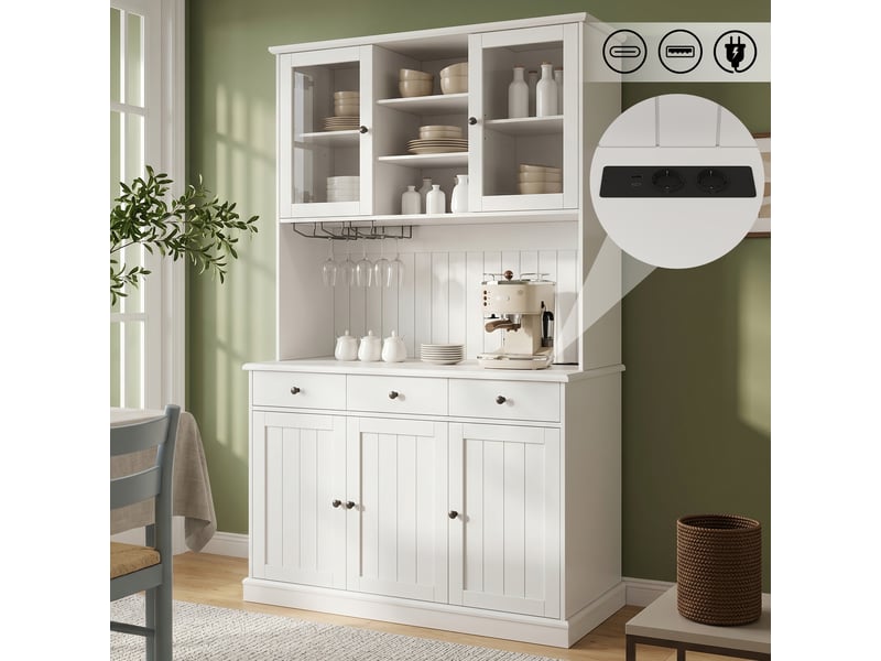  Vaisselier 120 x 40 x 191 cm, portes vitrées, porte-verres, rangements, prise, usb-a et usb-c, poignées blanches et noirs evarich - Conforama B