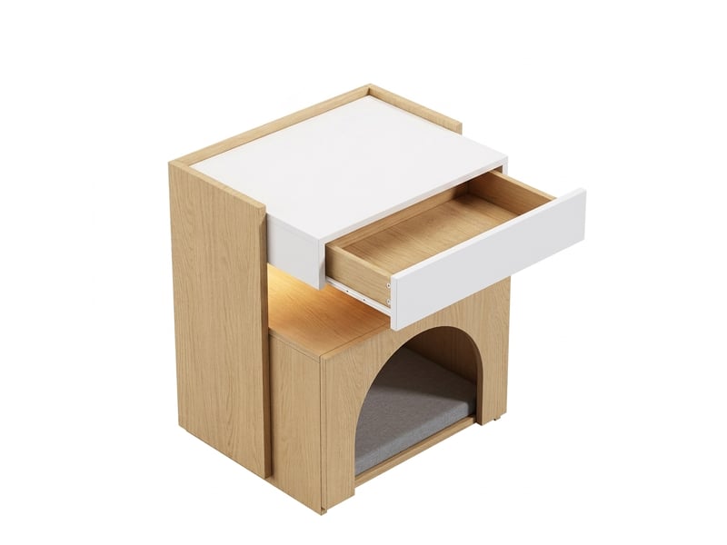  Table de chevet,47x39x58 cm,niche pour félin, led et tiroir,mdf,blanc bois naturel  - Conforama A