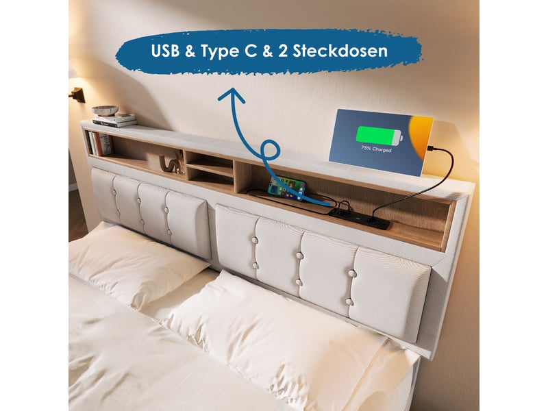  Lit coffre hydraulique 160x200 cm rembourré avec tête de lit rangement-usb et type-c-sommier à lattes en lin  - Conforama D