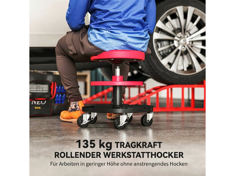  Tabouret d'atelier rouge avec roulettes et plateaux réglables en hauteur de 40 à 51 cm supportant jusqu'à 135 kg  - Conforama E