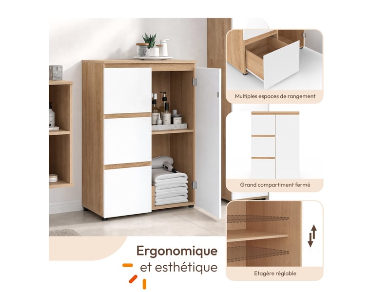  Meuble de rangement salle de bain tomi 3 tiroirs avec placard façon hêtre et blanc  - Conforama C