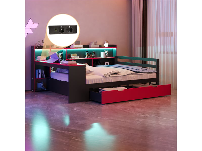  Canapé-lit 140x200 cm avec led et prises électriques, lit double avec bureau et tiroirs, coloris noir et rouge, lit 2 personnes  - Conforama E