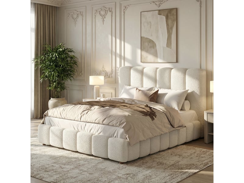 Lit coffre 140x200 cm blanc, tissu bouclé, sommier relevable hydraulique, tête de lit rembourrée, pieds en bois massif, sommier à lattes inclus - Conforama R