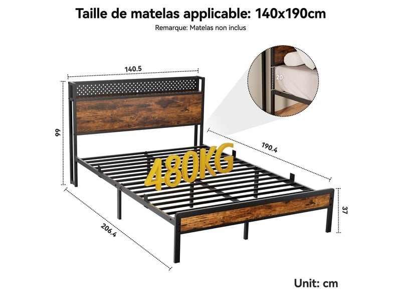  Lit 140 x 190 avec sommier, cadre de lit métallique robuste, éclairage led, prises, usb et type-c, tête de lit avec rangement, design minimaliste, stable, silencieux et antidérapant, noir  - Conforama E