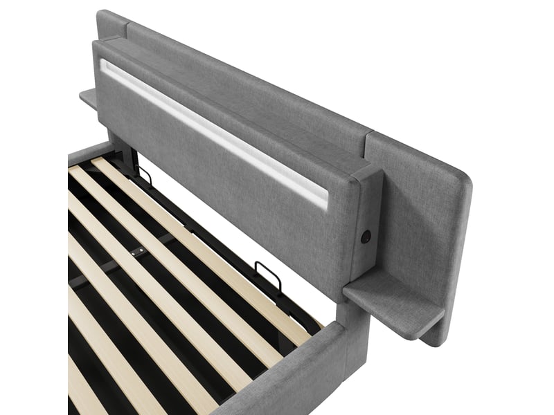  Lit coffre 180 x 200 cm gris en mdf et lin, led multicolore et table de chevet intégrée avec port usb  - Conforama E