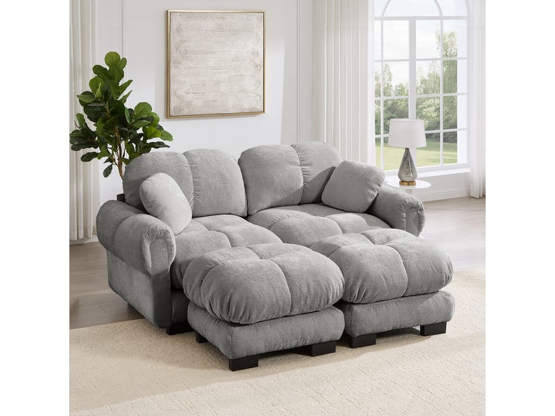  Canapé modulable, canapé 2 places, en chenille, gris clair, avec pouf, adapté à l'espace de vie, pour salon  - Conforama C