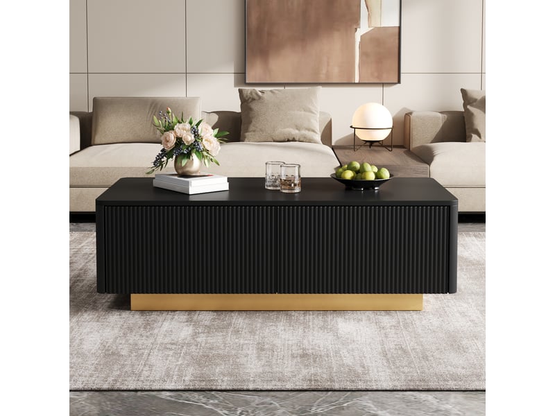  Table basse avec 2 tiroirs de rangement, façade rainurée et coins arrondis pour salon en mdf noir 110×50×35 cm  - Conforama C