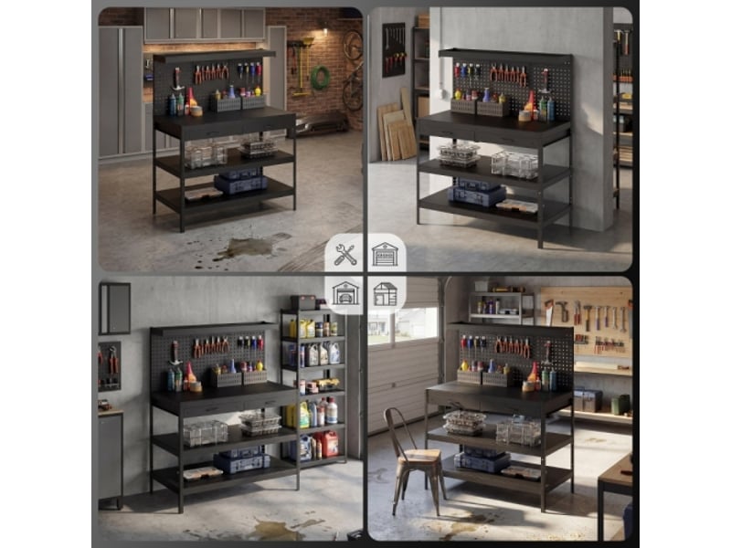  Établi d'atelier noir avec étagères réglables, panneau perforé, 2 tiroirs, station de travail robuste 122x61x156 cm pour garage  - Conforama E
