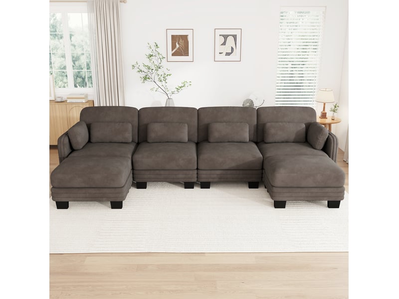  Canapé modulable en u 4 places 330x143x88 cm, design ergonomique, assise spacieux profonde, 2 poufs, tissu en chenille, marron  - Conforama B