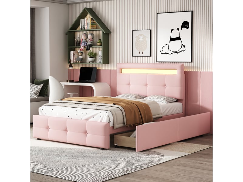  Lit enfant rembourré 90 x 200 cm avec led et 2 tiroirs, tête de lit réglable, rose Fay Lum - Conforama D