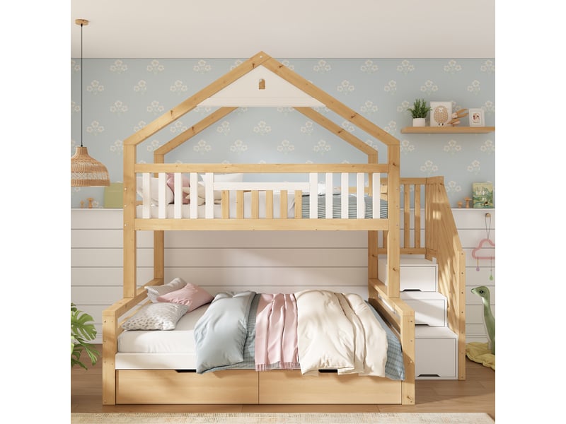 Lit superposé 3 places 90x200 cm et 140x200 cm avec escalier de rangement, 2 tiroirs, sans matelas, blanc et chêne  - Conforama C