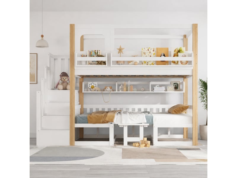 Lit mezzanine enfant 90×200 cm escalier, table rabattable et étagère  - sans matelas, bois - blanc et naturel  - Conforama C