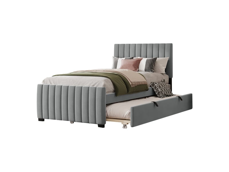  Lit simple rembourré 90 x 190 cm, avec lit gigogne, velours doux pour la peau, gris  - Conforama A
