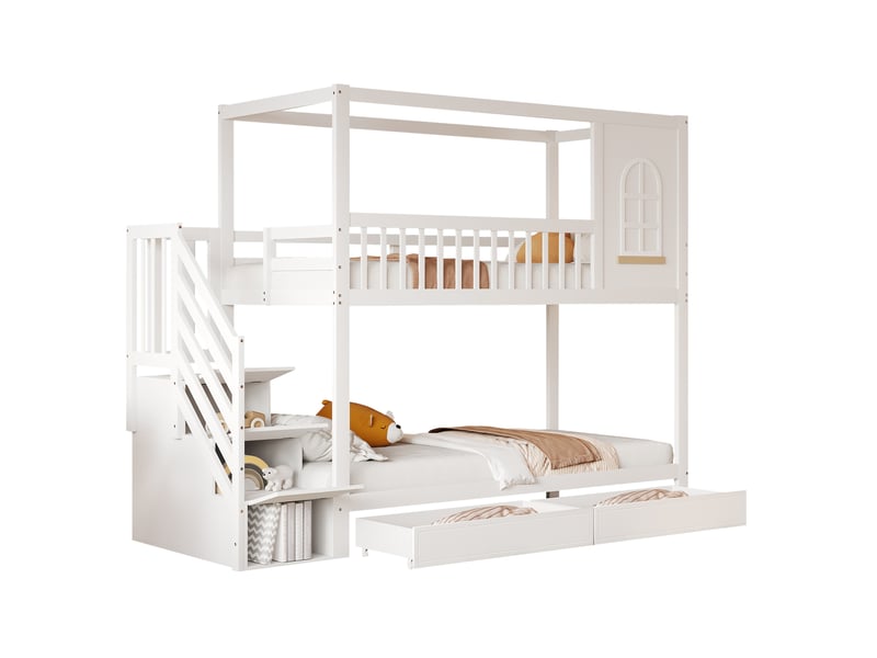  Modenvie lit superposé enfant 90x200 cm - avec échelle sécurisée, rangements intégrés - blanc  - Conforama A