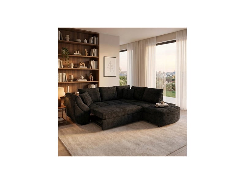  Canape d angle convertible reversible calvin tissu chenille noir 257x214x88 cm coffre de rangement CALVINB006301 - Conforama C