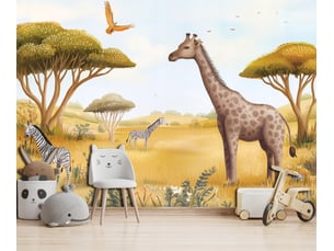 Papier peint panoramique intissé animaux safari beige - 300x210 cm - papier peint enfant