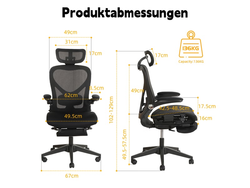  Chaise de bureau ergonomique pliable avec appui-tête 3d et accoudoirs rabattables - lpospi - maille noire  - Conforama D