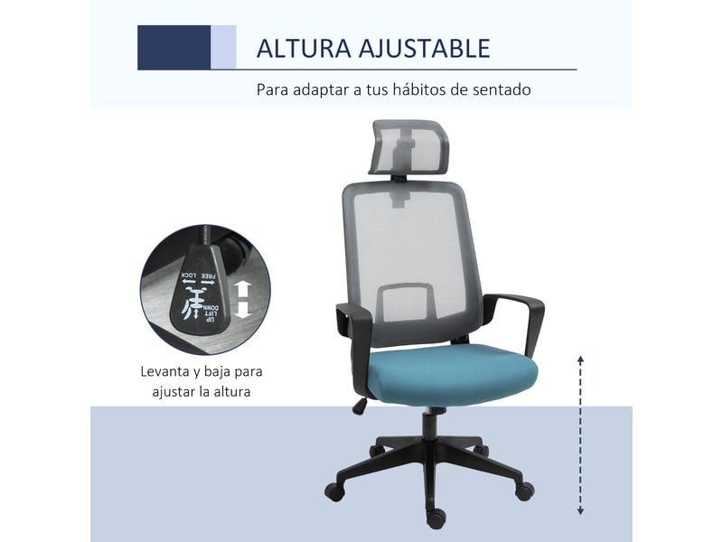  Chaise bureau ergonomique pivotante, hauteur réglable, lombaire, accoudoirs, appui-tête, maille, 63,5x63x116,5-125,5 cm, bleugris.  - Conforama E