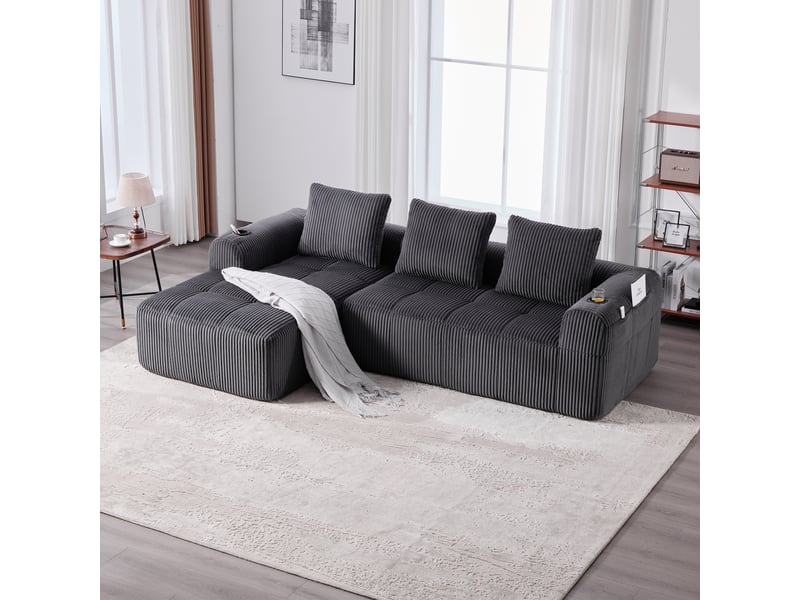  Canapé modulable, canapé de salon – en velours côtelé, porte-gobelets, poches latérales, coussins inclus, gris foncé  - Conforama C