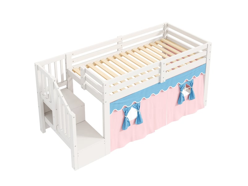  Lit enfant mi-haut 90 × 200 cm avec escalier-rangement, led réglable, rideaux occultants pour chambre, blanc  - Conforama A