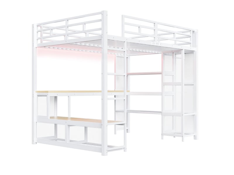  Lit mezzanine 140 x 200 cm structure métallique rangement intégré penderie ouverte port usb éclairage led blanc  - Conforama E