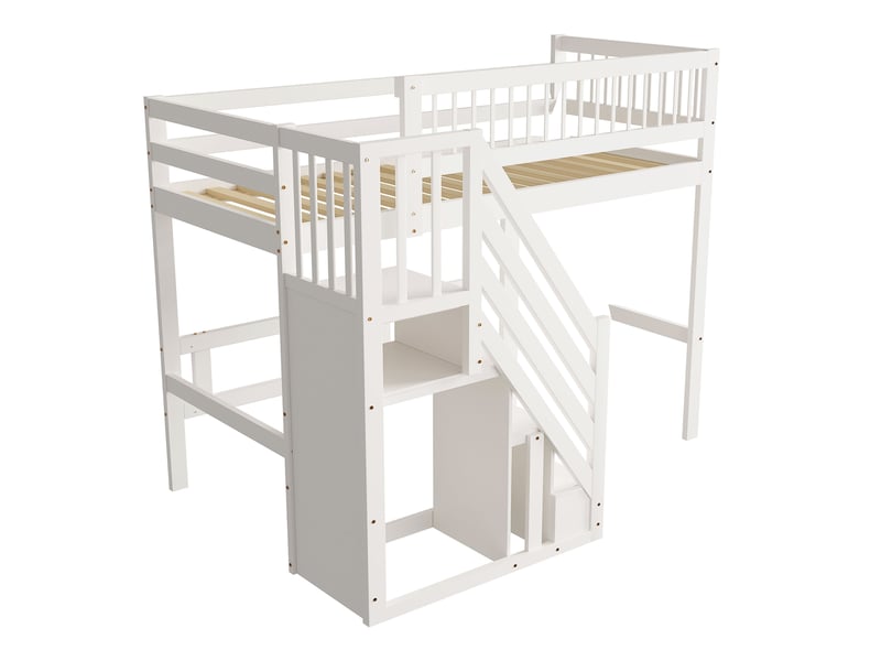  Lit mezzanine 90x200 cm, escalier avec niches de rangement, espace inférieur libre et garde-corps, pin et mdf, blanc  - Conforama E