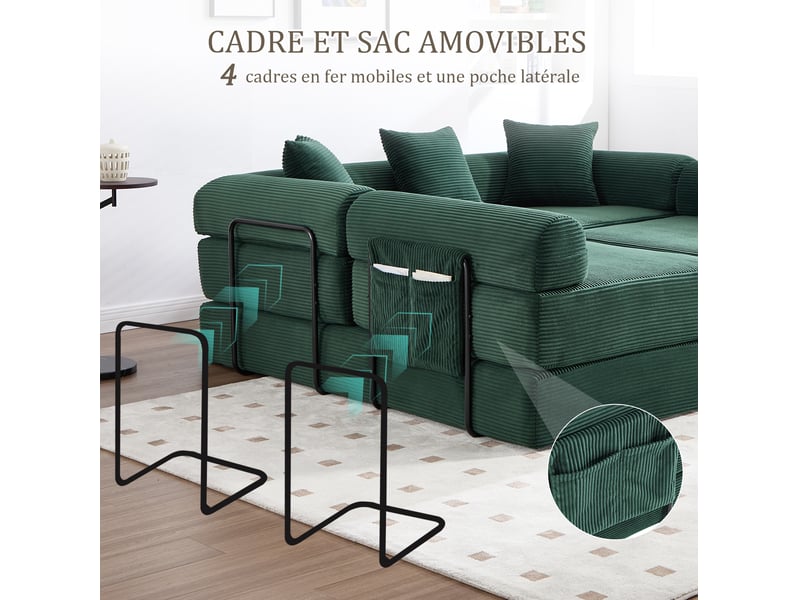  Canapé d'angle 4 places moderne 270x180x64 cm, modulable à volonté, poches, rangement, velours côtelé vert émeraude  - Conforama R