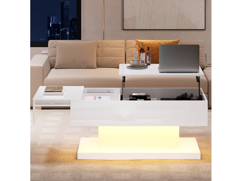  Table basse relevable avec plateau coulissant, éclairage led et rangements, pour salon moderne, 100 × 50 × 45 cm  - Conforama C