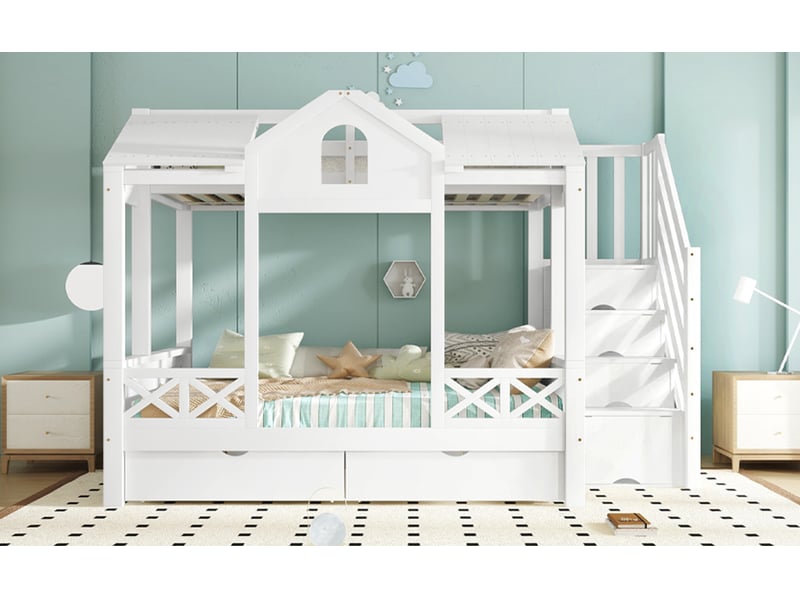  Lit superposé 90x200 + 140x200 cm – pin, mdf et contreplaqué blanc, rangements intégrés – chambre d'enfant  - Conforama D
