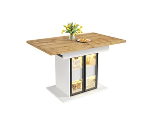 Table de salle à manger extensible avec 2 tiroirs et led pour cuisine en mdf 110–140×80×77,9 cm blanche