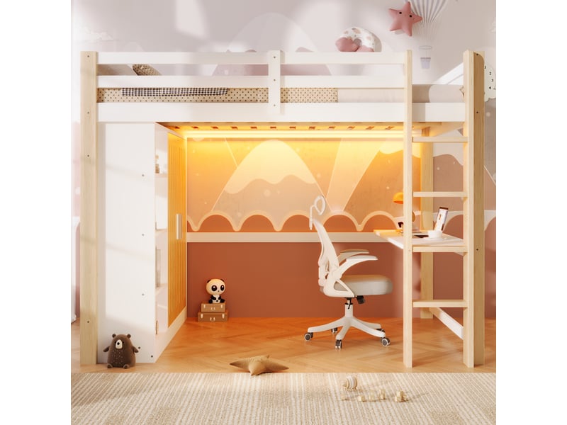 Lit mezzanine 140x200 cm avec armoire et étagères, lit surélevé en bois avec led et rangements intégrés, blanc et naturel OPULERANE TRADING LTD - Conforama D