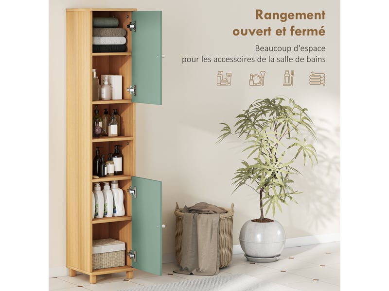  Meuble de salle de bain meuble de rangement 2 placards 2 compartiments ouverts 30 x 30 x 166 cm étagères réglables, vert  - Conforama A