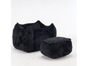 Fauteuil pouf avec repose-pieds et dossier enveloppant pour lecture et jeux, adultes et enfants, en fausse fourrure noire