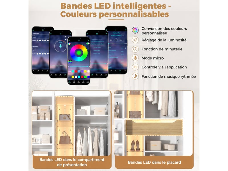 Armoire blanche avec vitrine éclairée led, penderie, 1 tiroir, 122 × 50 × 200 cm - Conforama E