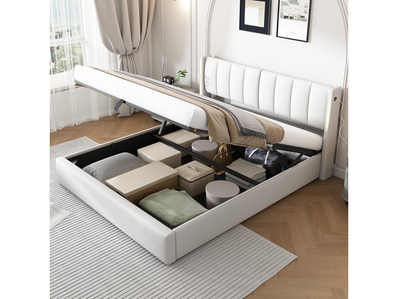  Lit coffre 180x200 avec sommier - tête réglable, led intégrée et port usb - simili cuir blanc  - Conforama R