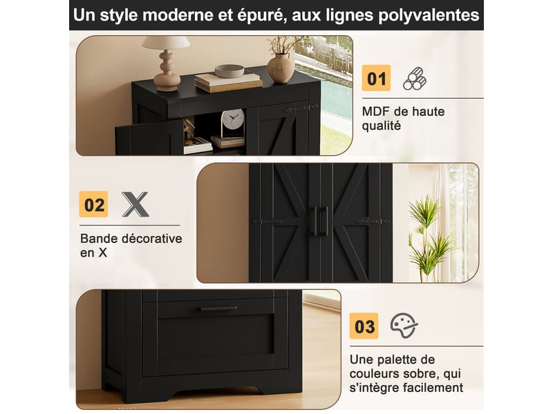  Meuble de cuisine muvano, buffet haut style campagne noir, 2 tiroirs, étagères réglables, 60 × 30 × 128 cm  - Conforama R