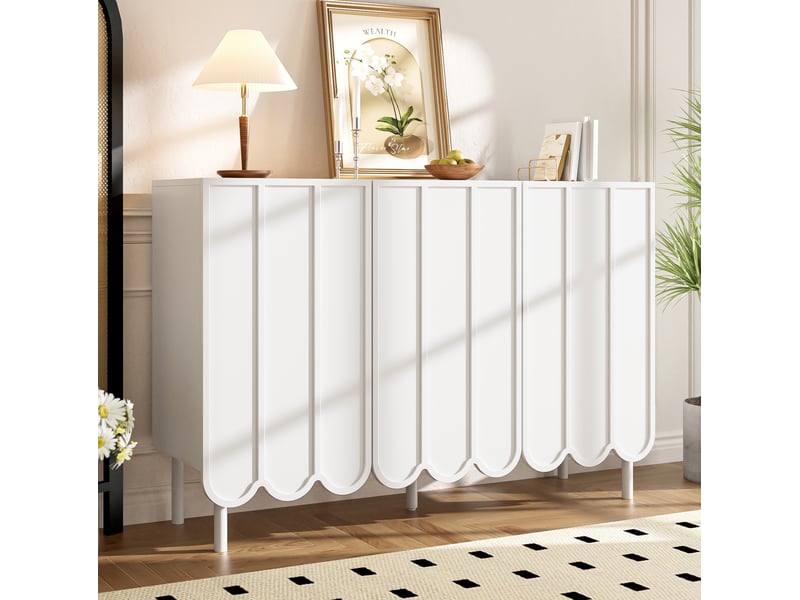  Buffet bas blanc avec portes ondulées, 120 x 35 x 80 cm, étagères réglables et ouverture sans poignée  - Conforama B