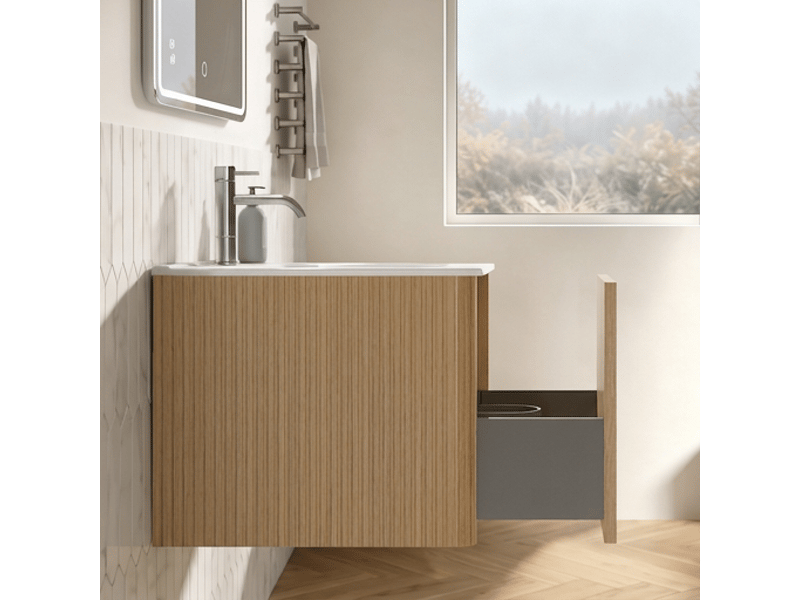  Meuble sous vasque 60 cm suspendu avec lavabo en résine minérale, couleur chêne naturel  - Conforama D