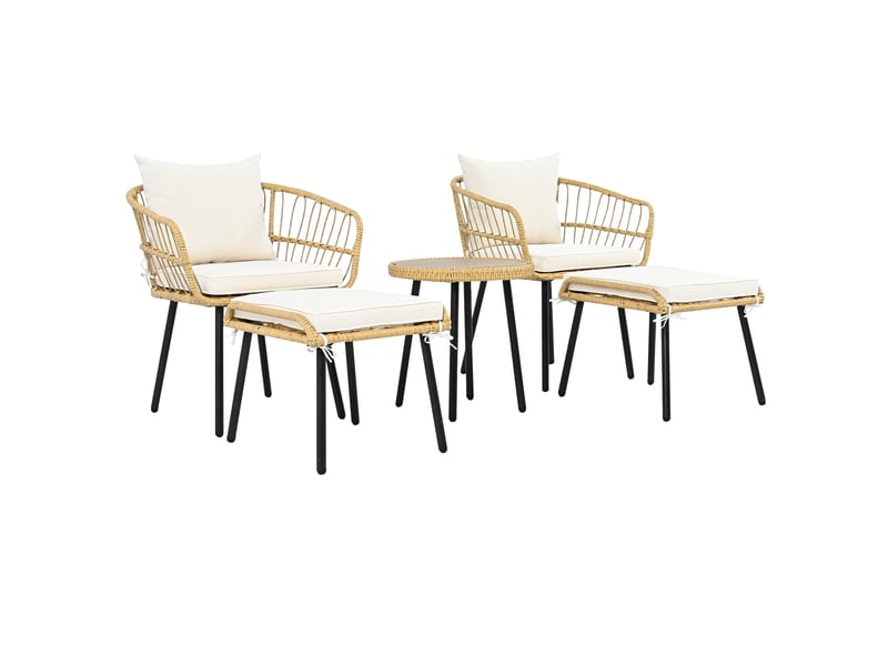  Salon de jardin 5 pièces ø46 cm – blanc et naturel – 2 fauteuils, 2 poufs et table ronde en rotin tressé  - Conforama D