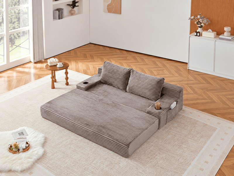 Canapé convertible 2-en-1 180 cm en velours côtelé, 2 places, porte-gobelets, poches latérales, marron, design moderne - Conforama B