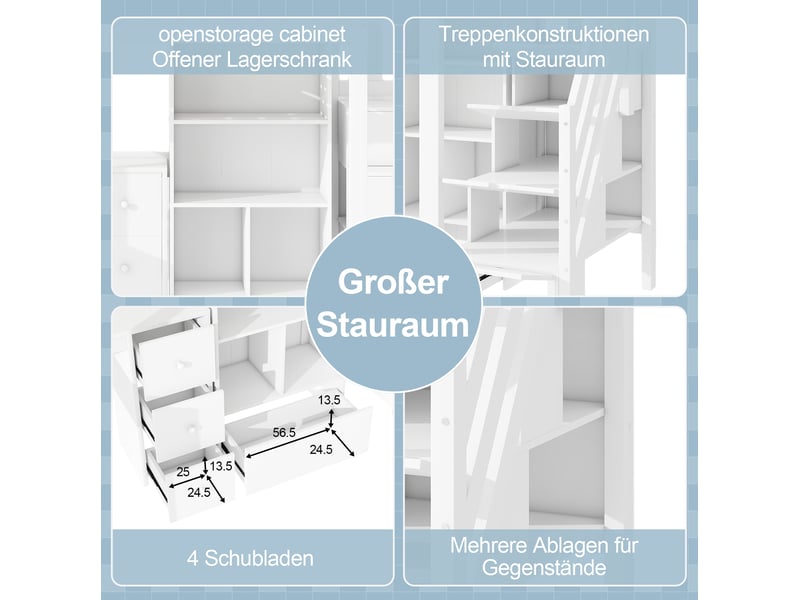  Lit mezzanine 90x200 cm avec bureau, rangements et échelle escamotable en bois blanc sans matelas  - Conforama B