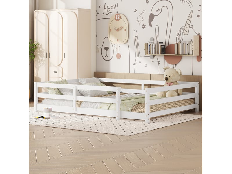  Lit montessori enfant 140x200 cm blanc en bois de pin avec sommier  - Conforama D