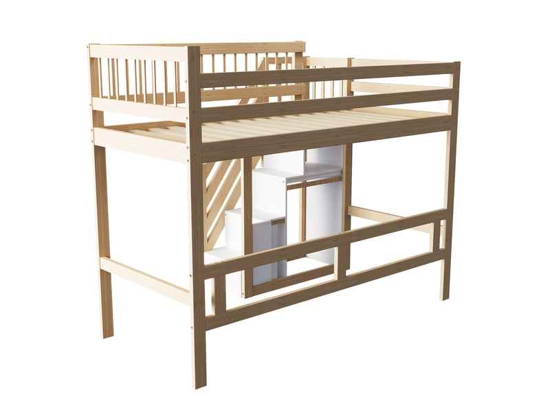  Lit mezzanine bois massif avec armoire intégrée, lit enfant avec escalier sécurisé, lit 90x200 bois naturel pour optimiser l'espace.  - Conforama D