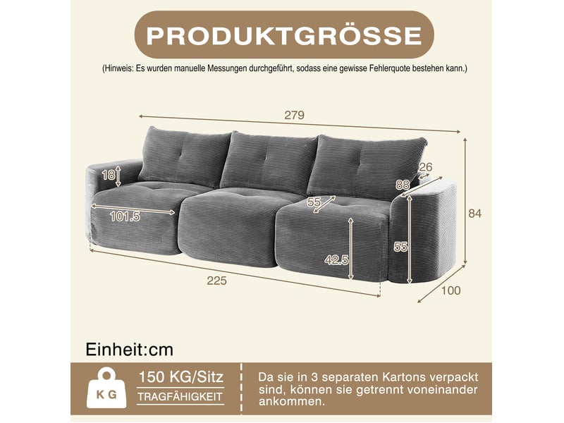 Canapé modulable 3 places couleur gris, configuration 2+1, design arrondi, mousse, revêtement côtelé  - Conforama C
